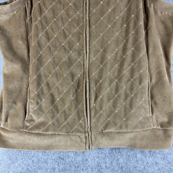 Quacker Factory Velour Vest Women XL Tan Rhinestone Bling Full Zip Quilted Artsy - Picture 3 of 14